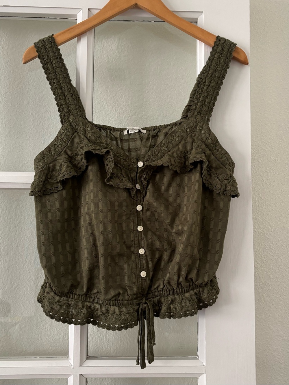 American Eagle Outfitters Olive Green Cropped Ruffle Cami